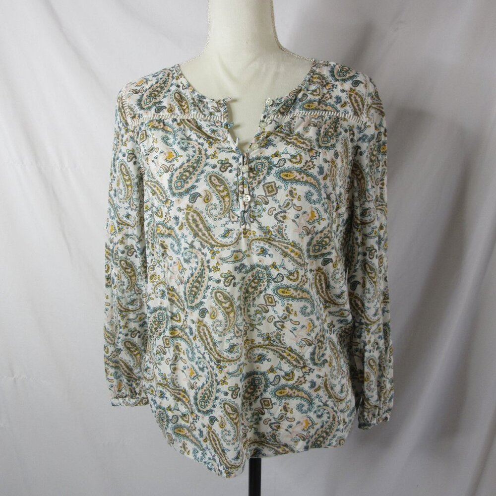 Talbots Petite Cotton Popover Blouse Tunic Paisley Long Sleeve Size Medium